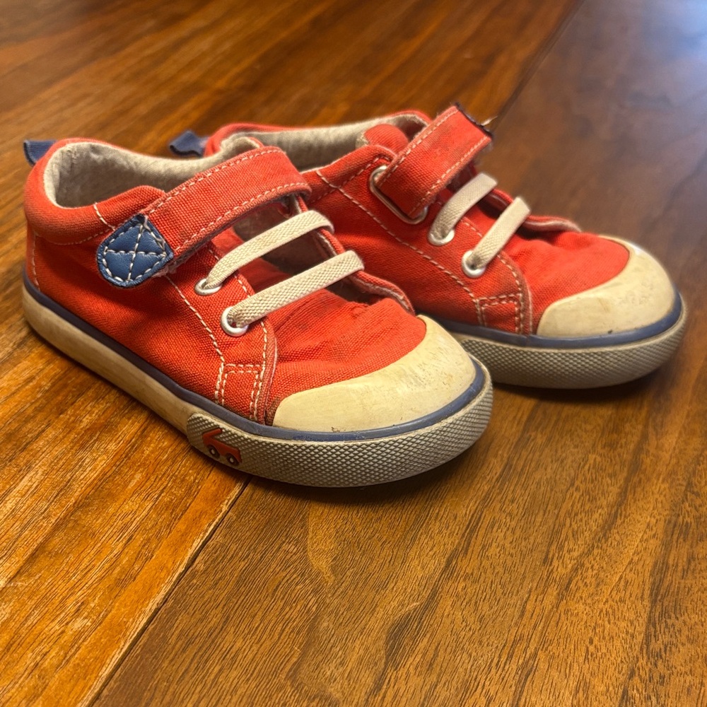 Red Kids Shoes with Blue Accents
